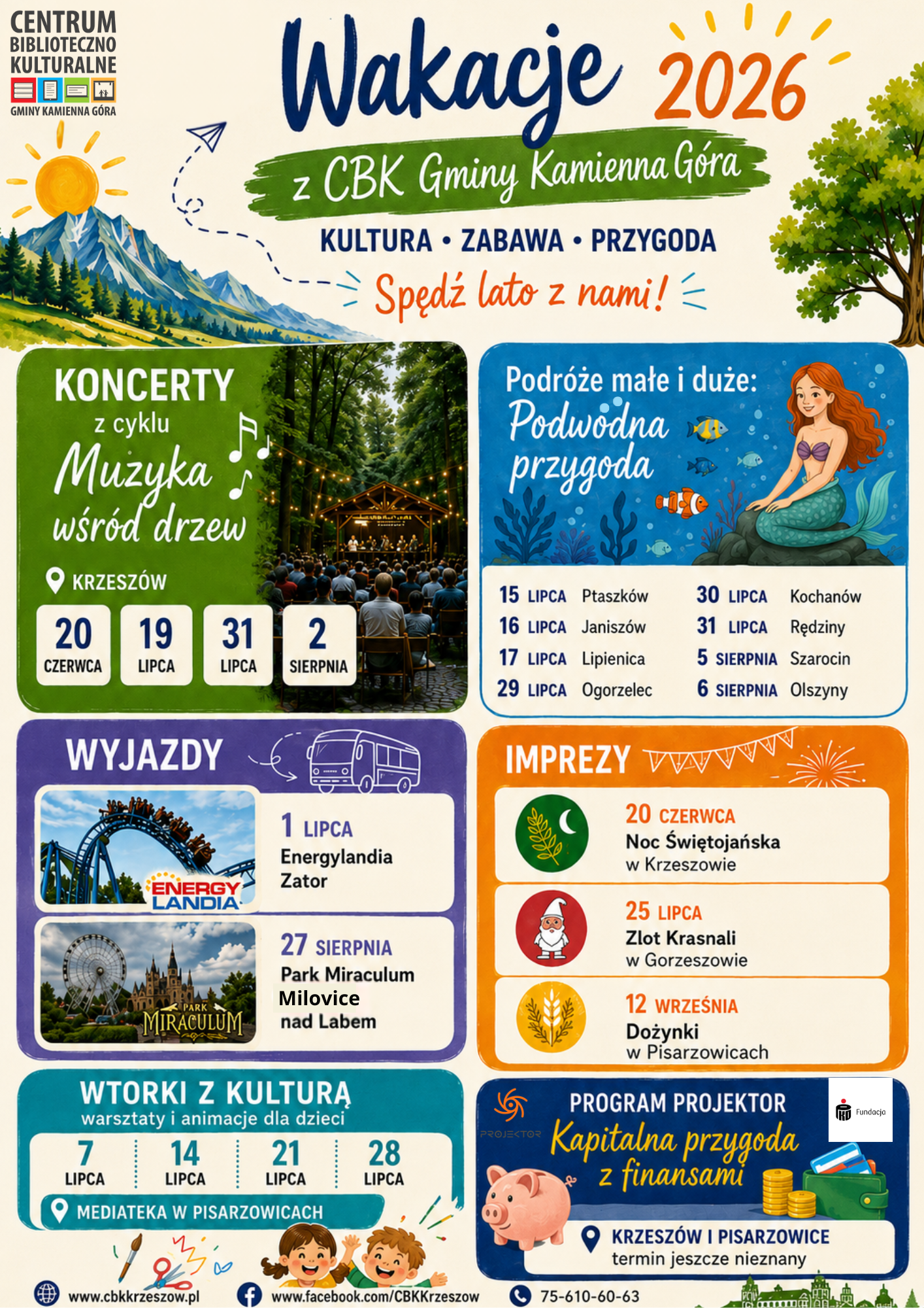Grafika to plakat: "Wakacje pełne atrakcji z&nbsp;Centrum Biblioteczno-Kulturalnym!"
