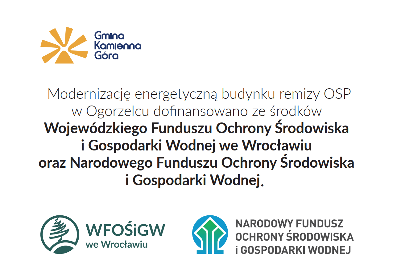 Tablica przedstawiająca hasło: Modernizację energetyczną budynku remizy OSP w&nbsp;Ogorzelcu zrealizowano dzięki wsparciu Narodowego Funduszu Ochrony Środowiska i&nbsp;Gospodarki Wodnej oraz&nbsp;Wojew&oacute;dzkiego Narodowego Funduszu Ochrony Środowiska i&nbsp;Gospodarki Wodnej we Wrocławiu