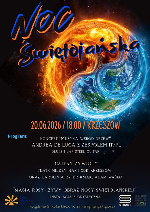 Plakat przedstawia zapowiedź wydarzenia Noc Świętojańska w Krzeszowie