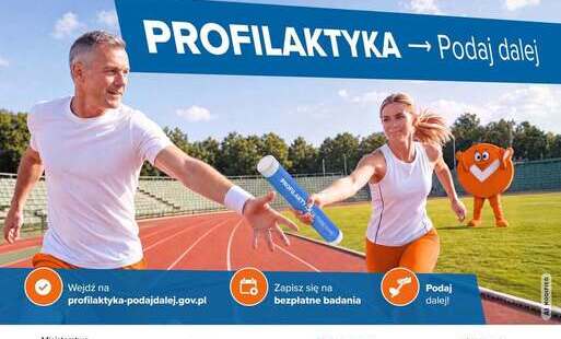 Grafika przedstawiająca kampanię Profilaktyka - Podaj dalej. Zapisz się na bezpłatne badania. 