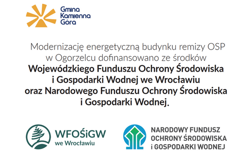 Tablica przedstawiająca hasło: Modernizację energetyczną budynku remizy OSP w Ogorzelcu zrealizowano dzięki wsparciu Narodowego Funduszu Ochrony Środowiska i Gospodarki Wodnej oraz Wojewódzkiego Narodowego Funduszu Ochrony Środowiska i Gospodarki Wodnej we Wrocławiu